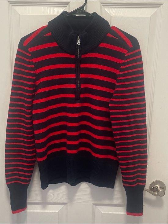 Addison Bay Sweaters - Addison Bay Black and Red Striped Cowl Half-Zip Sweater